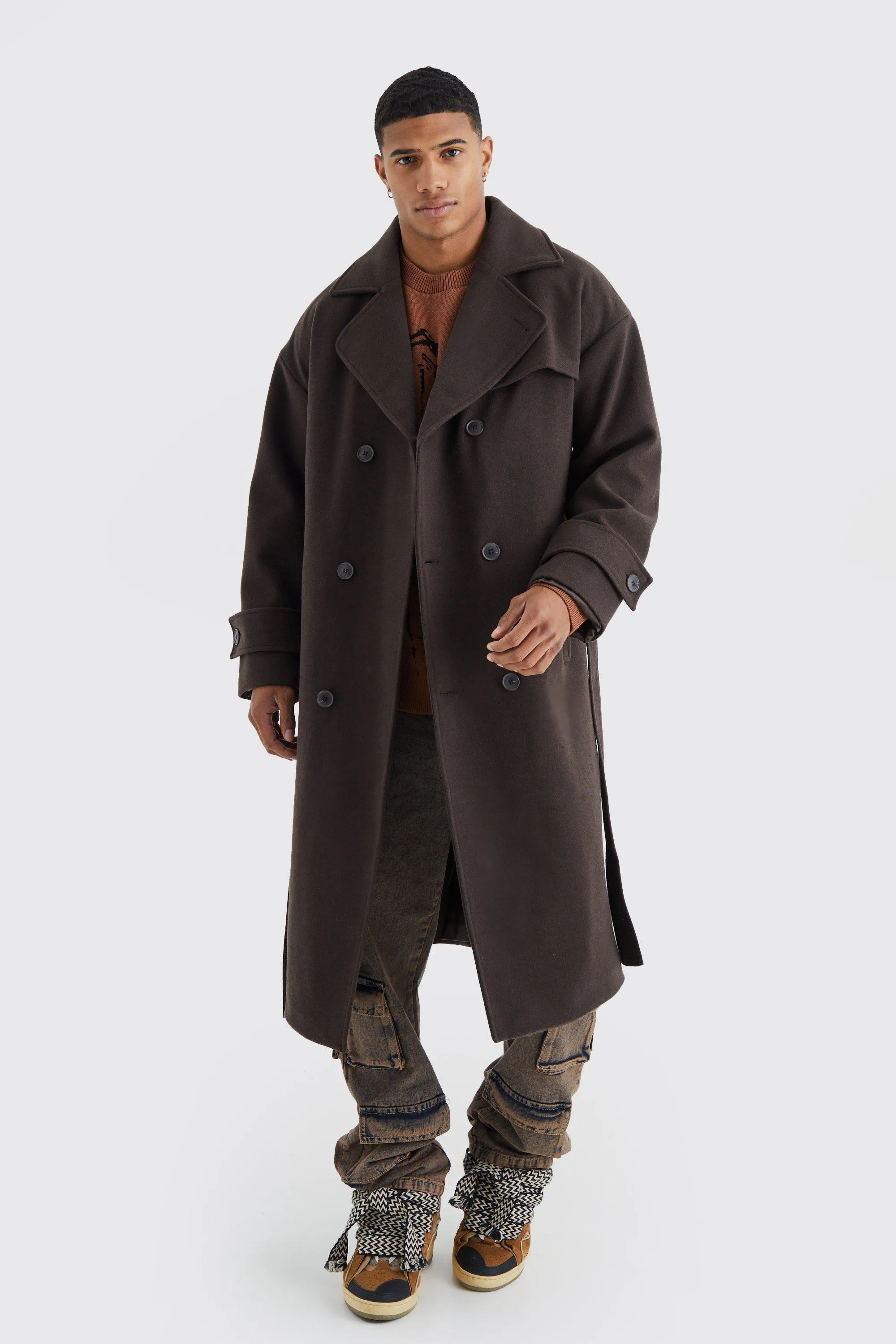 Double Breasted Trench Overcoat in Chocolate | boohooMAN UK