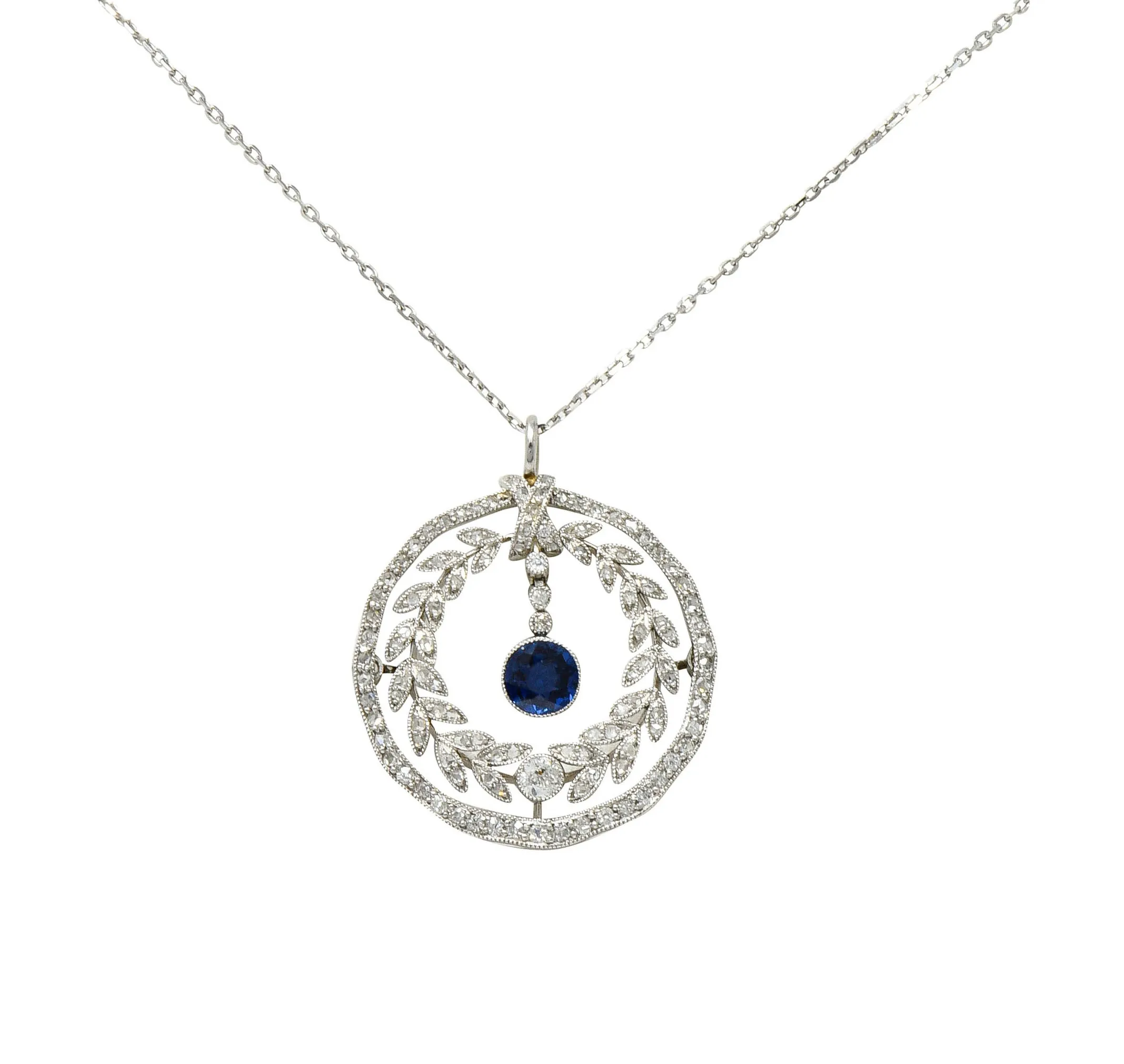 Edwardian 1.75 CTW Sapphire Diamond Platinum Laurel Pendant Necklace