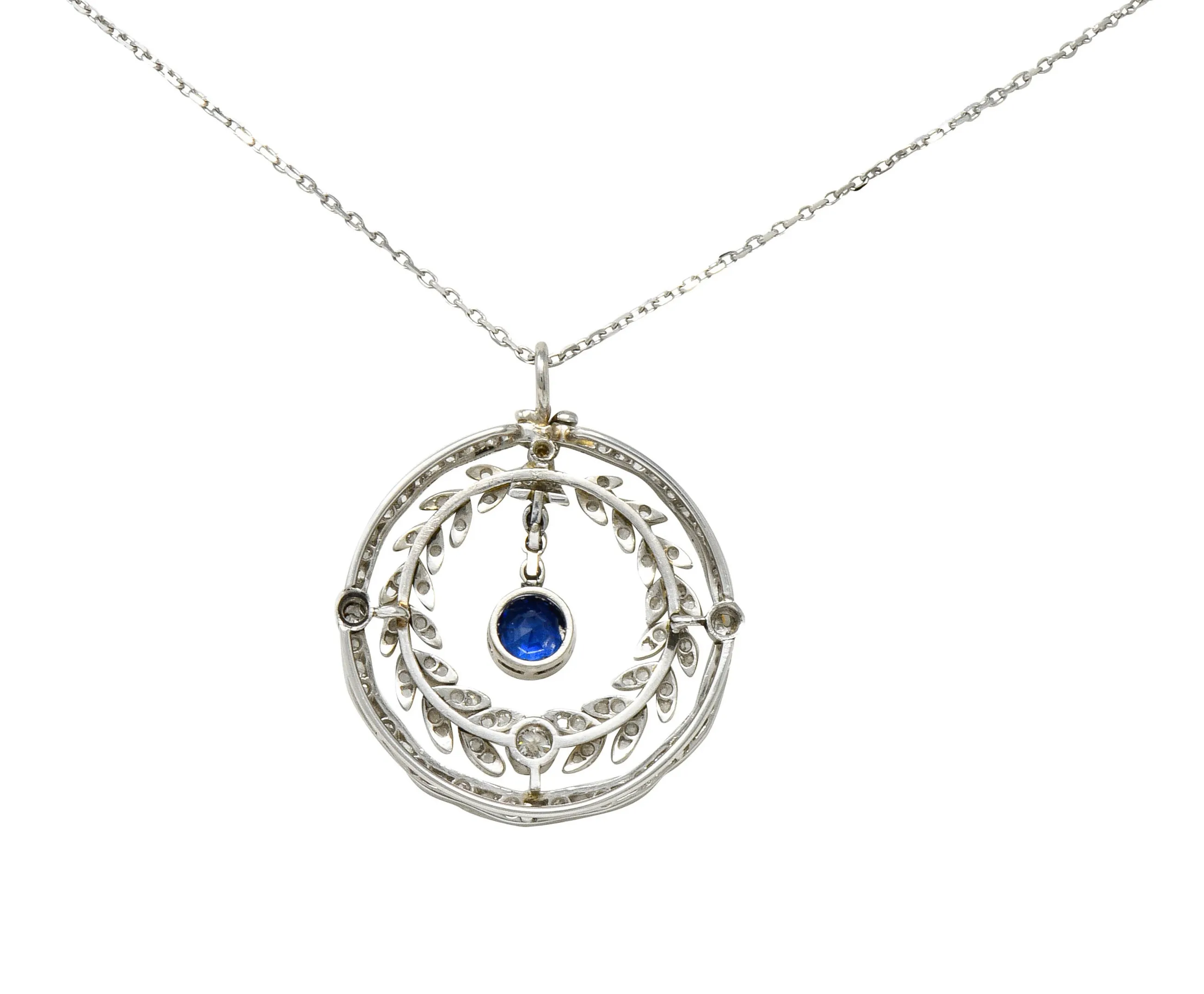 Edwardian 1.75 CTW Sapphire Diamond Platinum Laurel Pendant Necklace