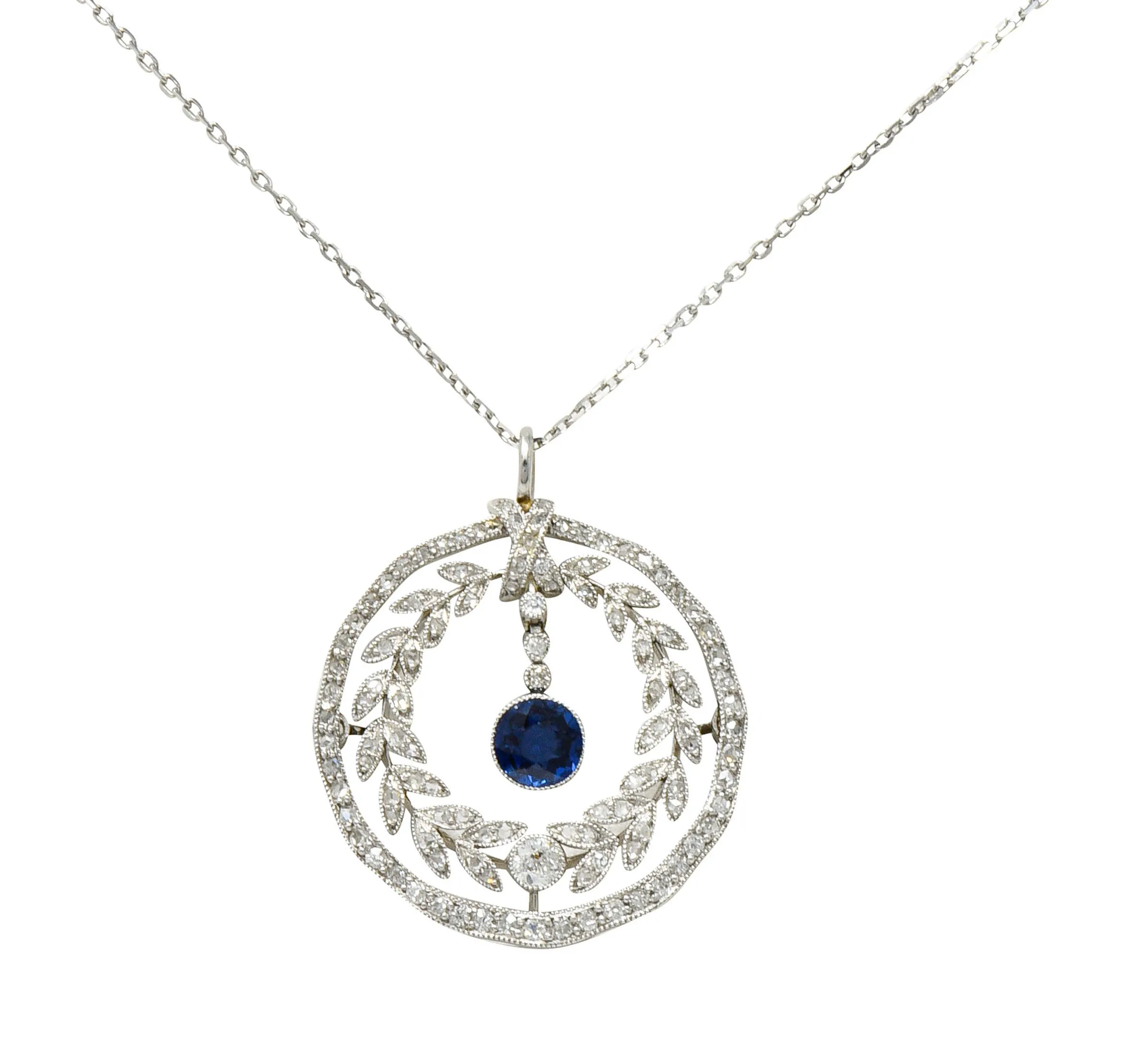 Edwardian 1.75 CTW Sapphire Diamond Platinum Laurel Pendant Necklace