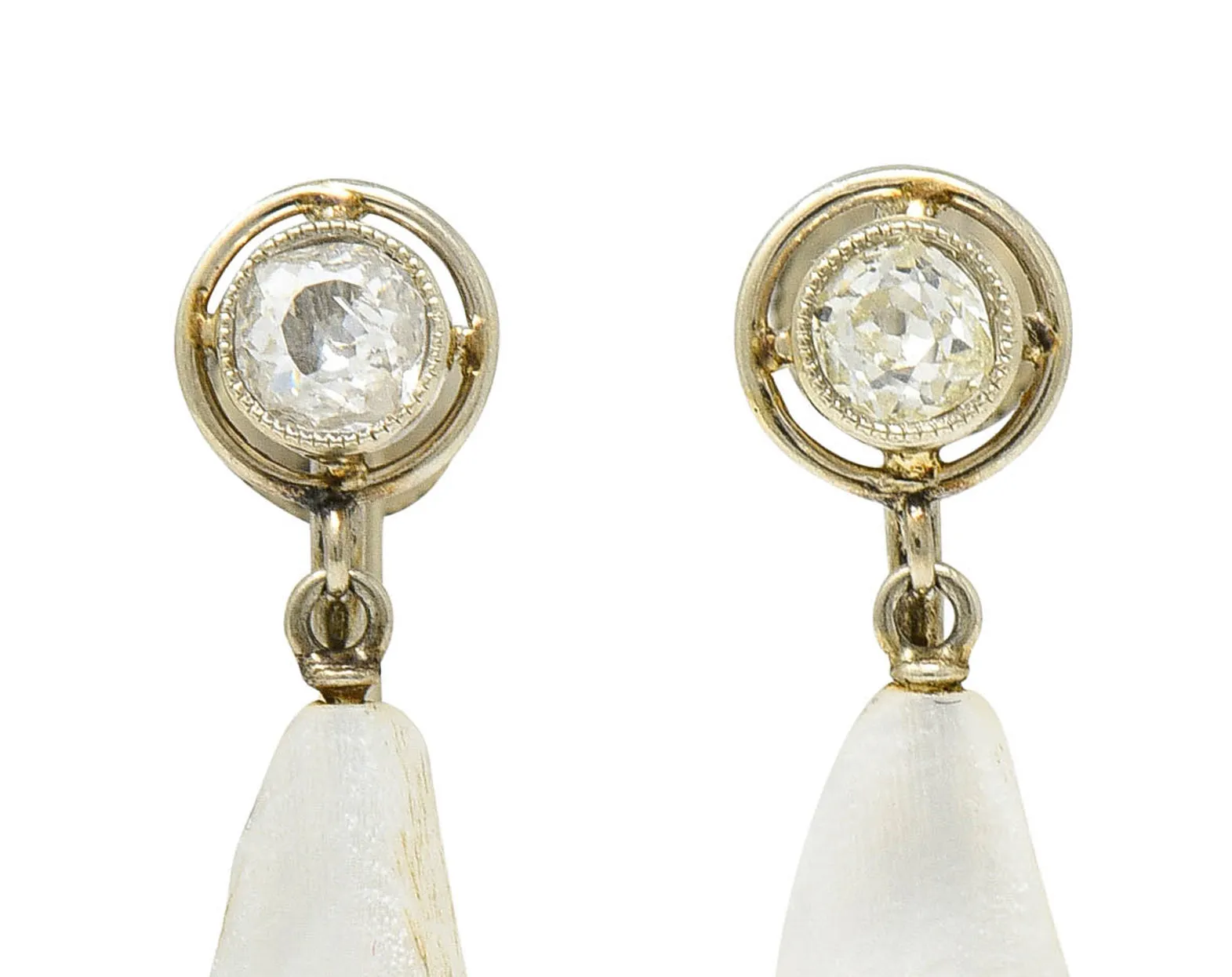 Edwardian Diamond Dogtooth Pearl 18 Karat White Gold Screwback Earrings