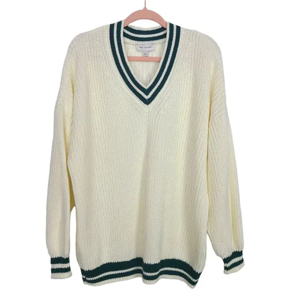 Free Assembly Cream with Green Stripes Wide V-Neck Sweater NWT- Size L (sold out online)