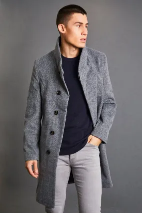 Funnel Neck Herringbone Overcoat | boohooMAN UK