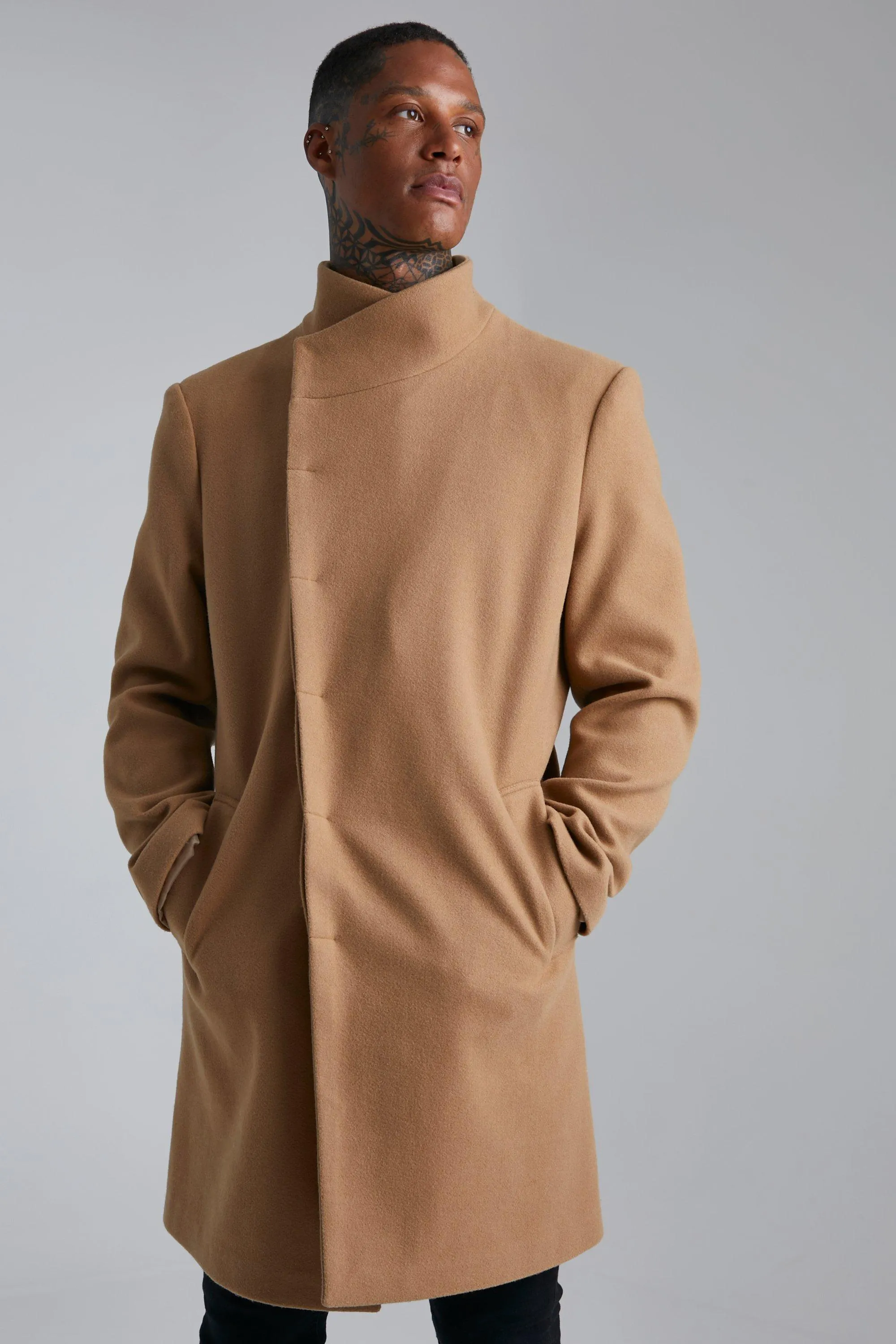 Funnel Neck Wool Look Overcoat