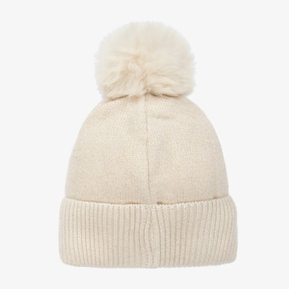 Girls Beige Flower Pom-Pom Hat