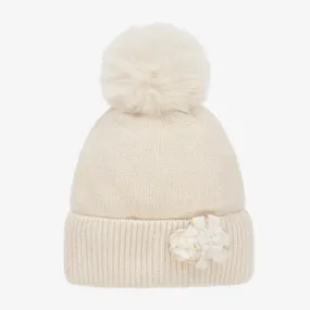 Girls Beige Flower Pom-Pom Hat