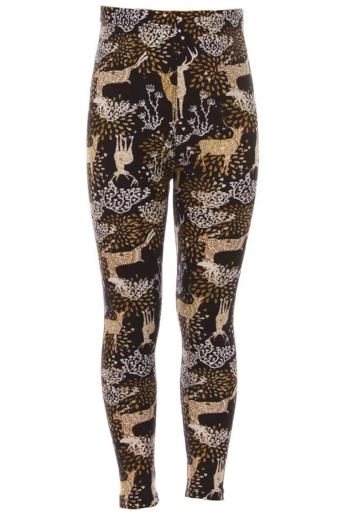 Girl's Brown Deer Pattern Printed Leggings