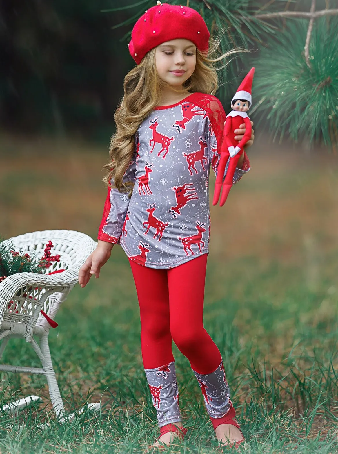 Girls Lace Contrast Long Sleeve Tunic And Matching Cuffed Legging Set