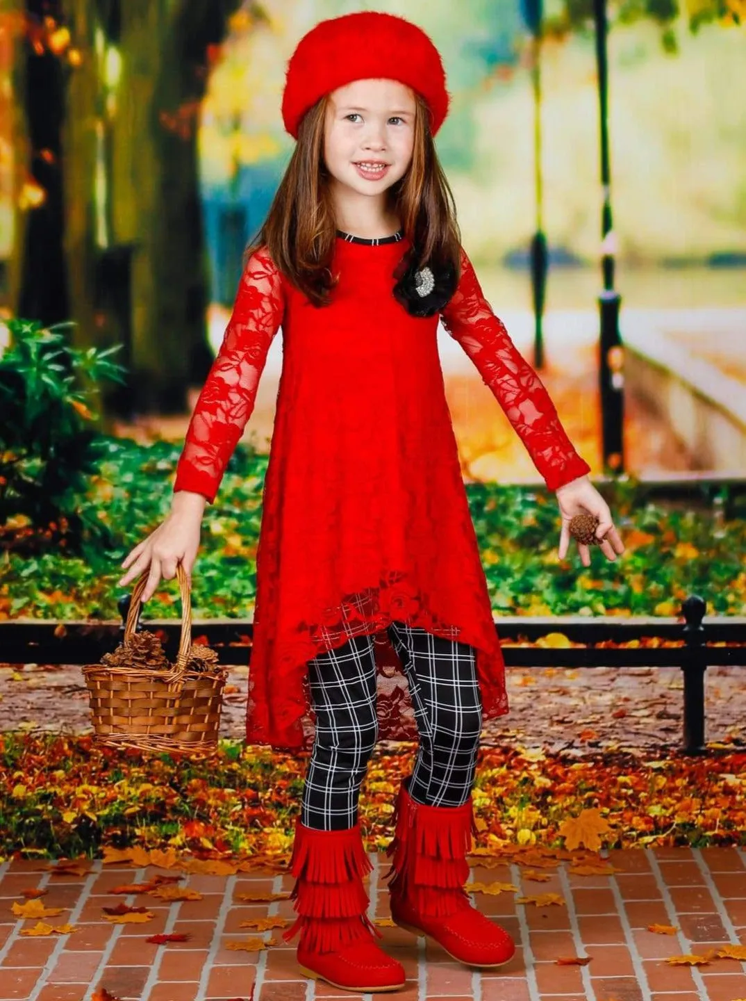 Girls Lace Hi-Lo Long Sleeve Tunic with Flower Trim And Printed Legging Set