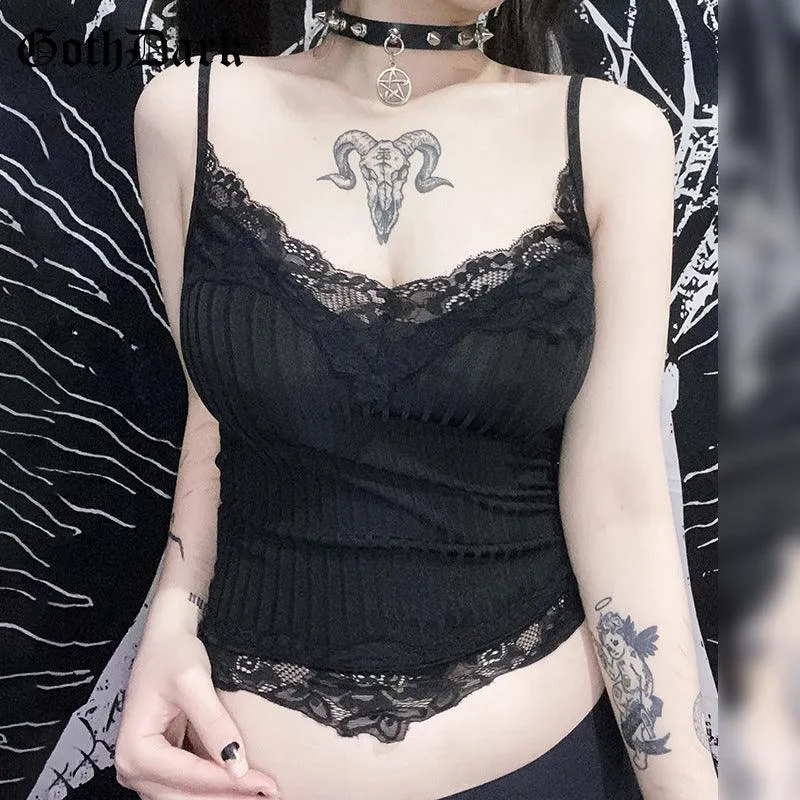 Gothic Basic Bodycon Casual Lace Trim Crop Top