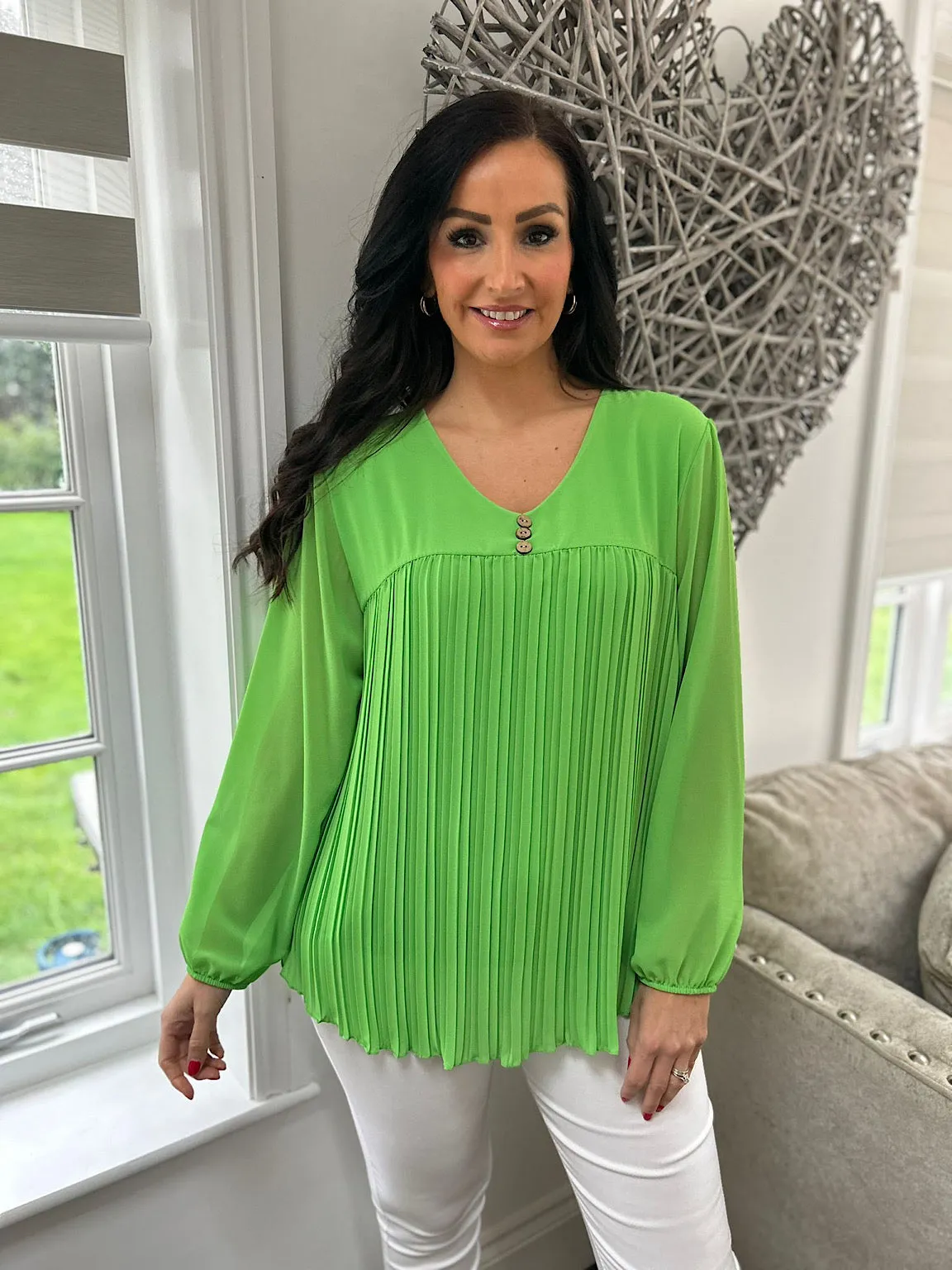 Green Button Pleated Blouse Hilary