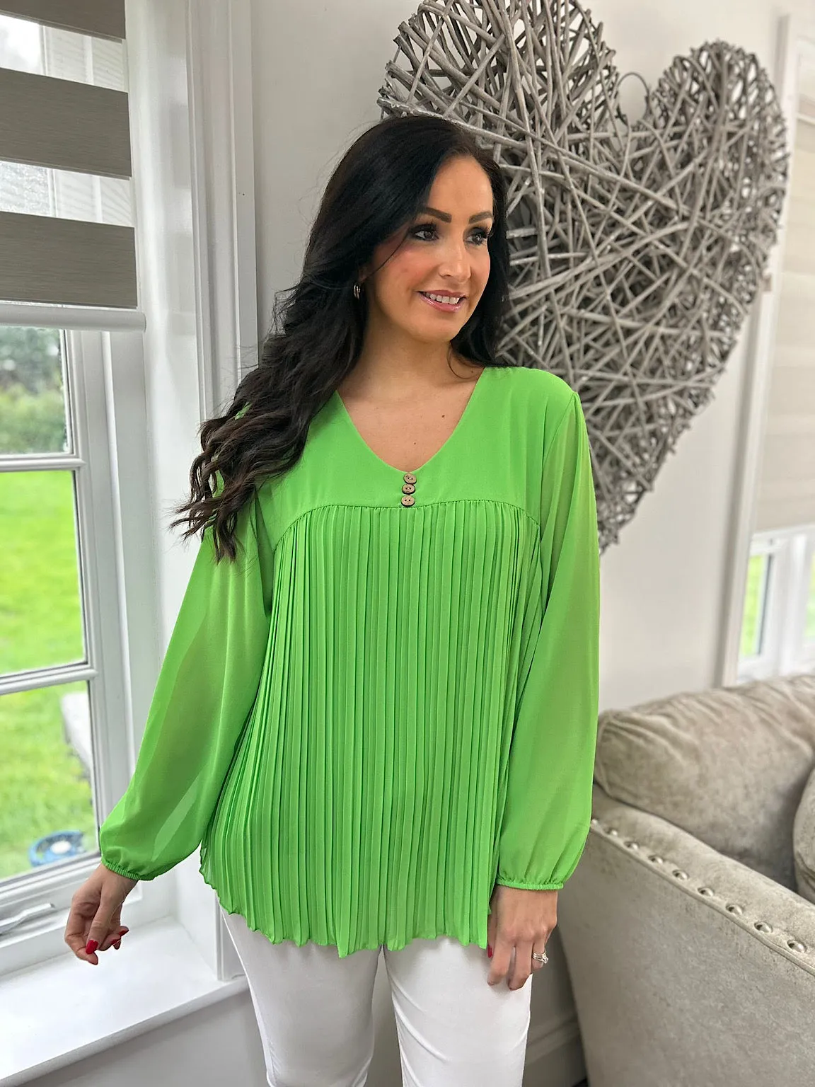 Green Button Pleated Blouse Hilary