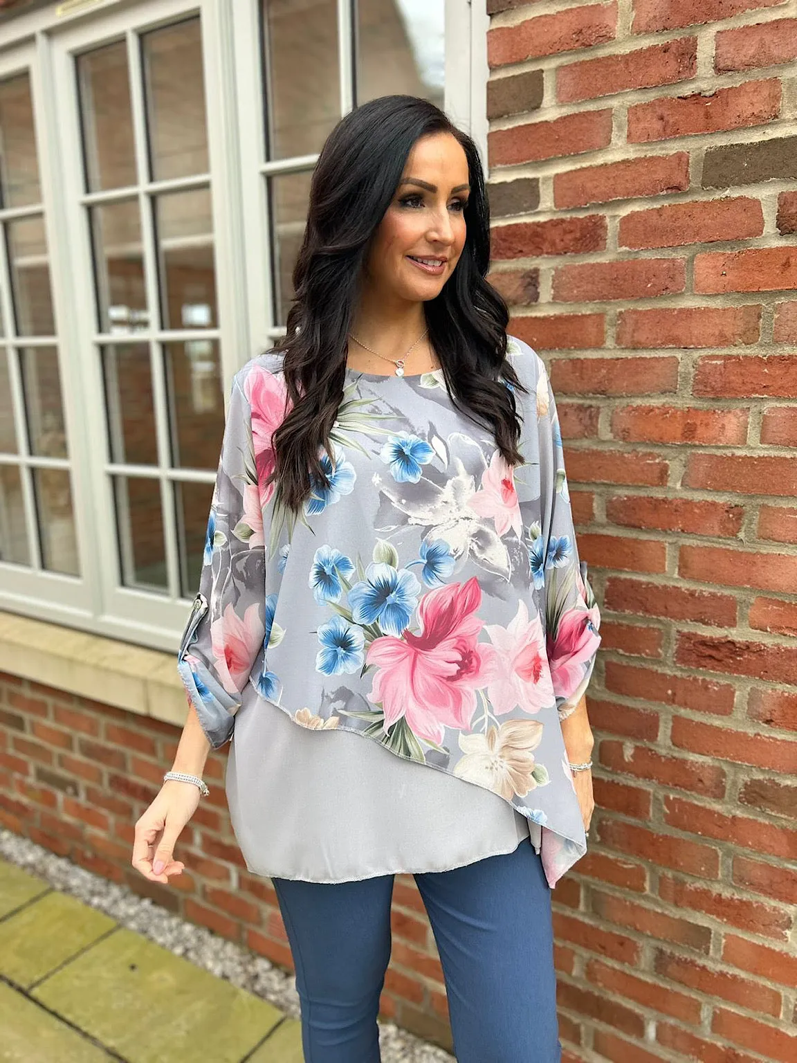 Grey Chiffon Layered Floral Blouse Sienna