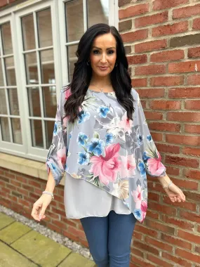 Grey Chiffon Layered Floral Blouse Sienna