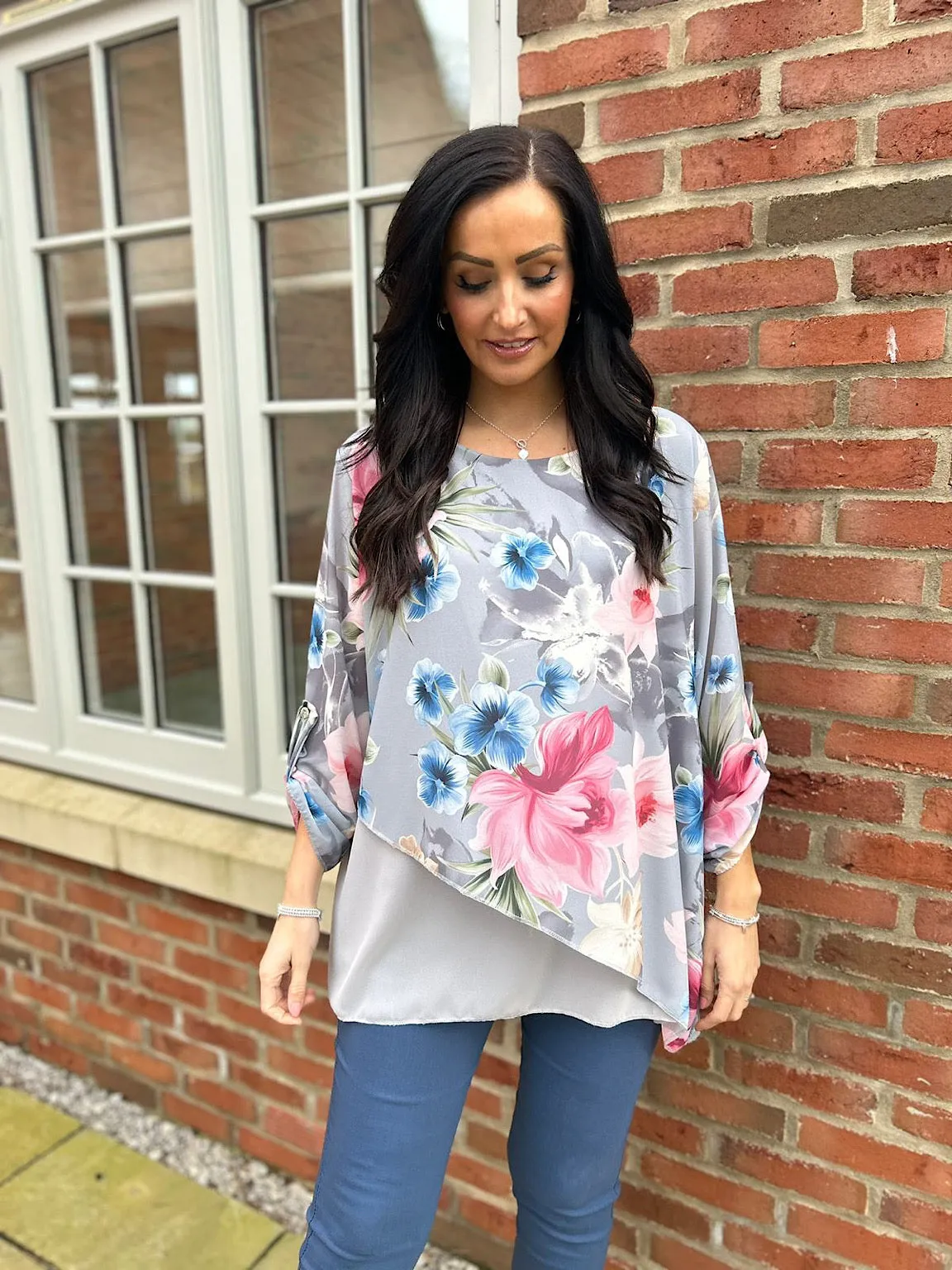 Grey Chiffon Layered Floral Blouse Sienna