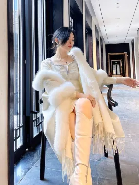 High-end wool double-sided real fox fur placket tassel fur coat cheongsam shawl cloak hooded loose