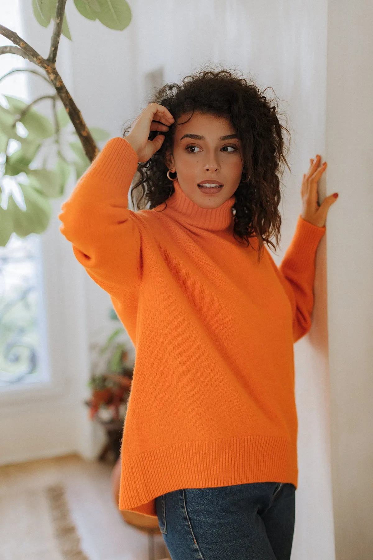 Hot Orange 100% Cashmere Turtleneck Sweater