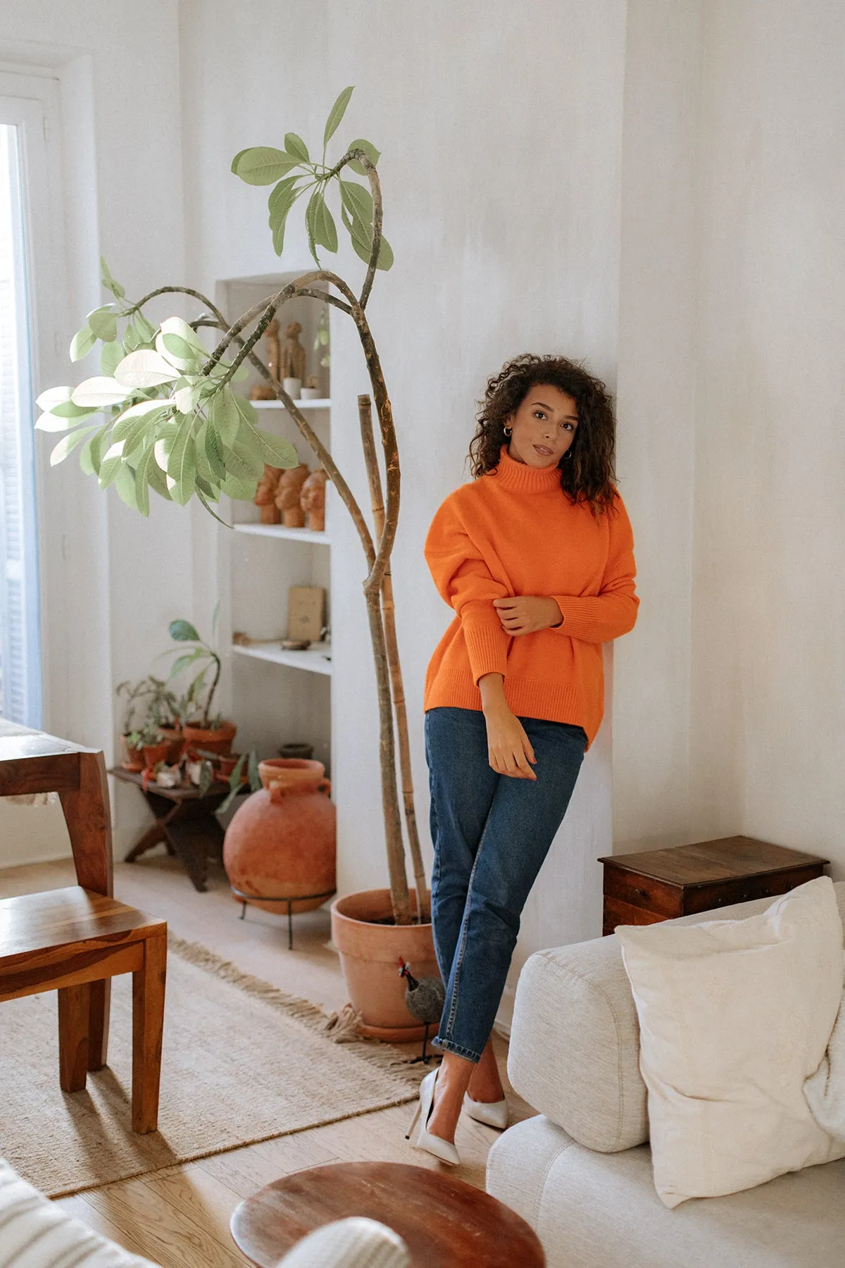 Hot Orange 100% Cashmere Turtleneck Sweater