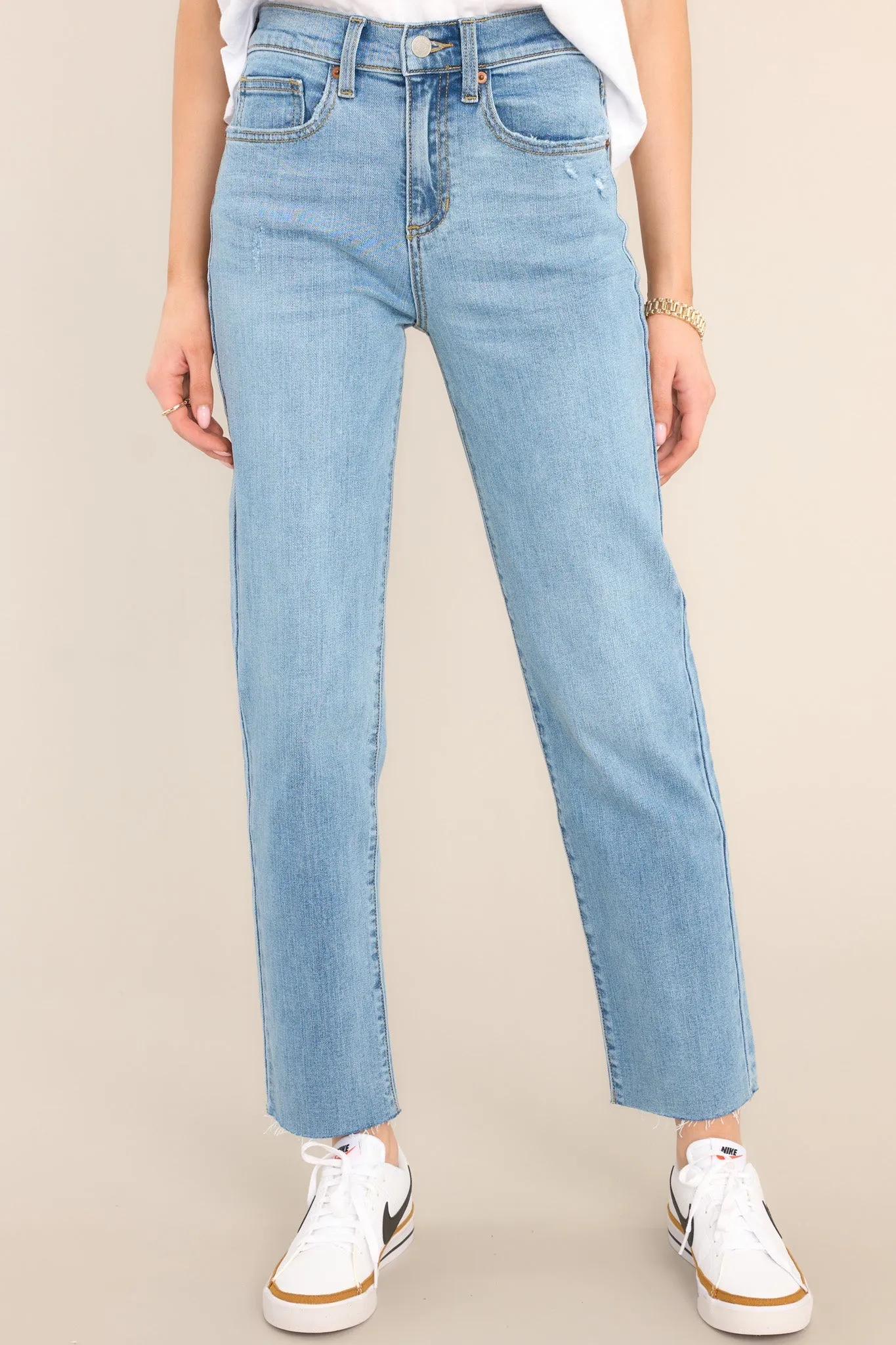 I Knew Light Wash Raw Hem Straight Leg Jeans