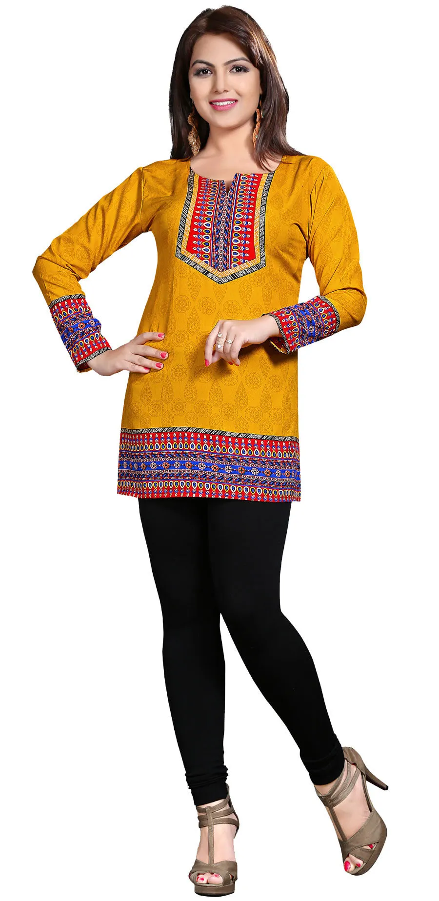 Indian Kurti Top Tunic Printed Womens Blouse India Clothes (Yellow)