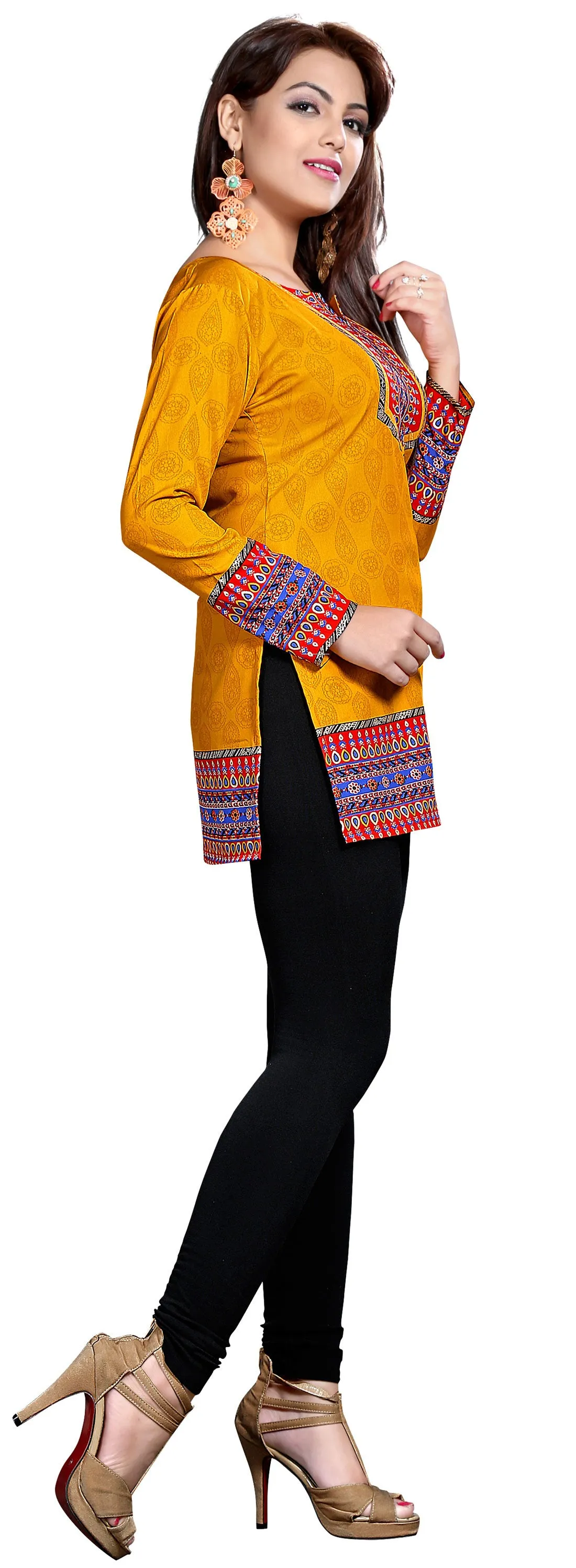 Indian Kurti Top Tunic Printed Womens Blouse India Clothes (Yellow)