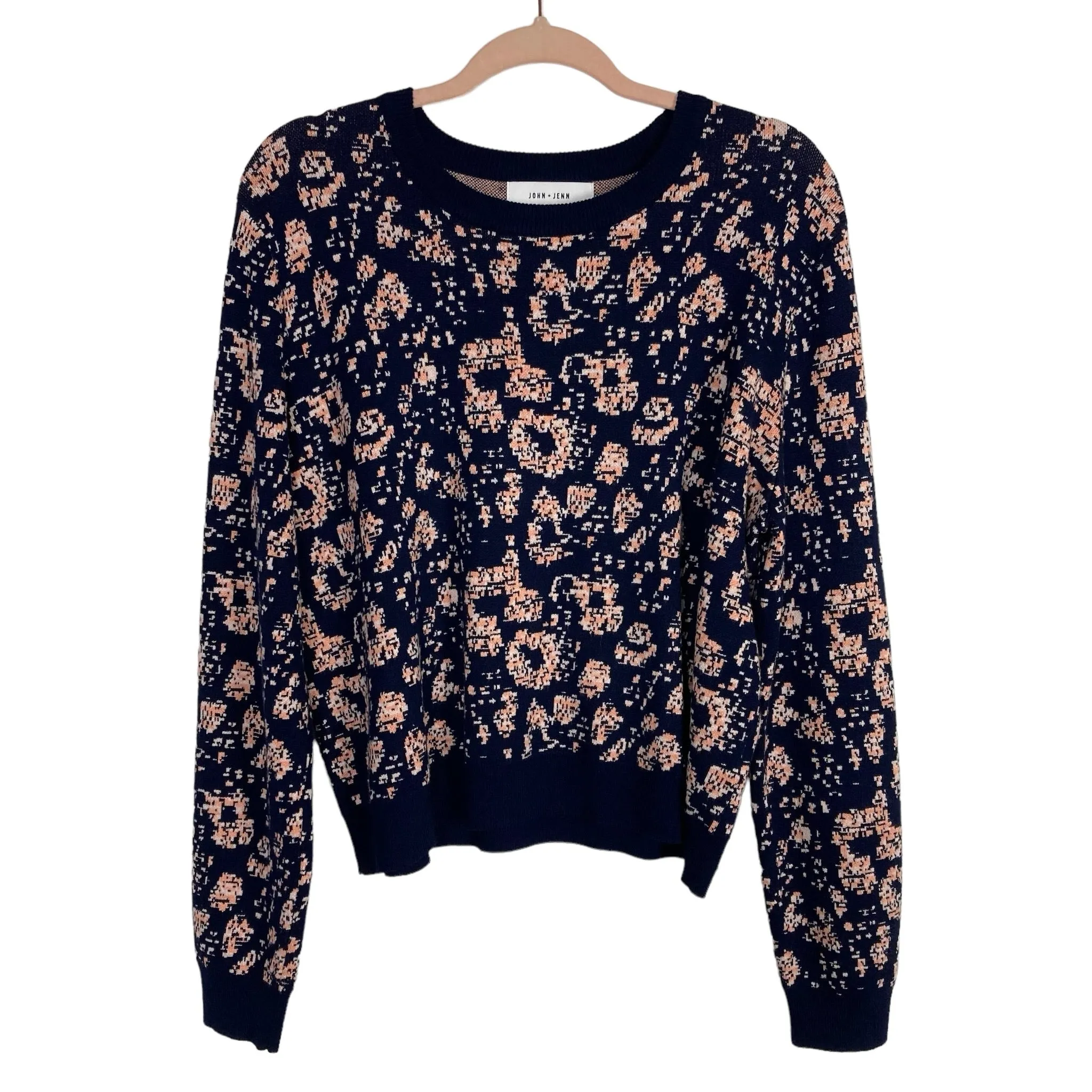 John + Jenn Navy with Peach Floral Print Sweater- Size L