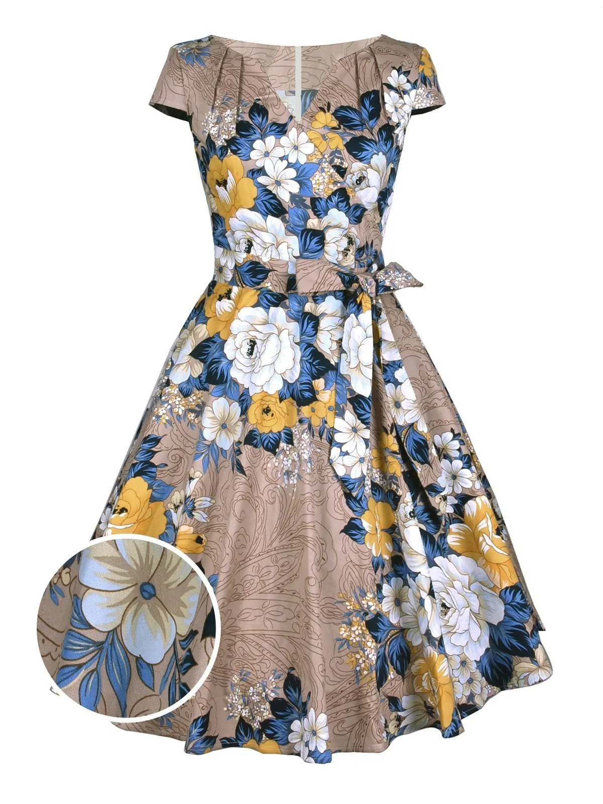 Khaki 1950s Floral Swing Dress