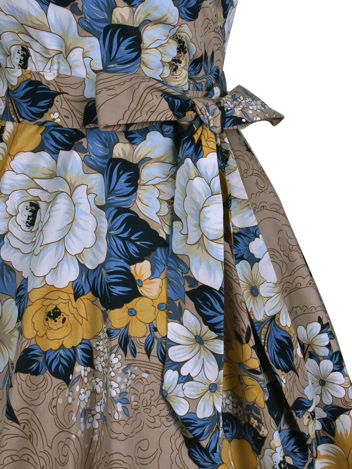 Khaki 1950s Floral Swing Dress