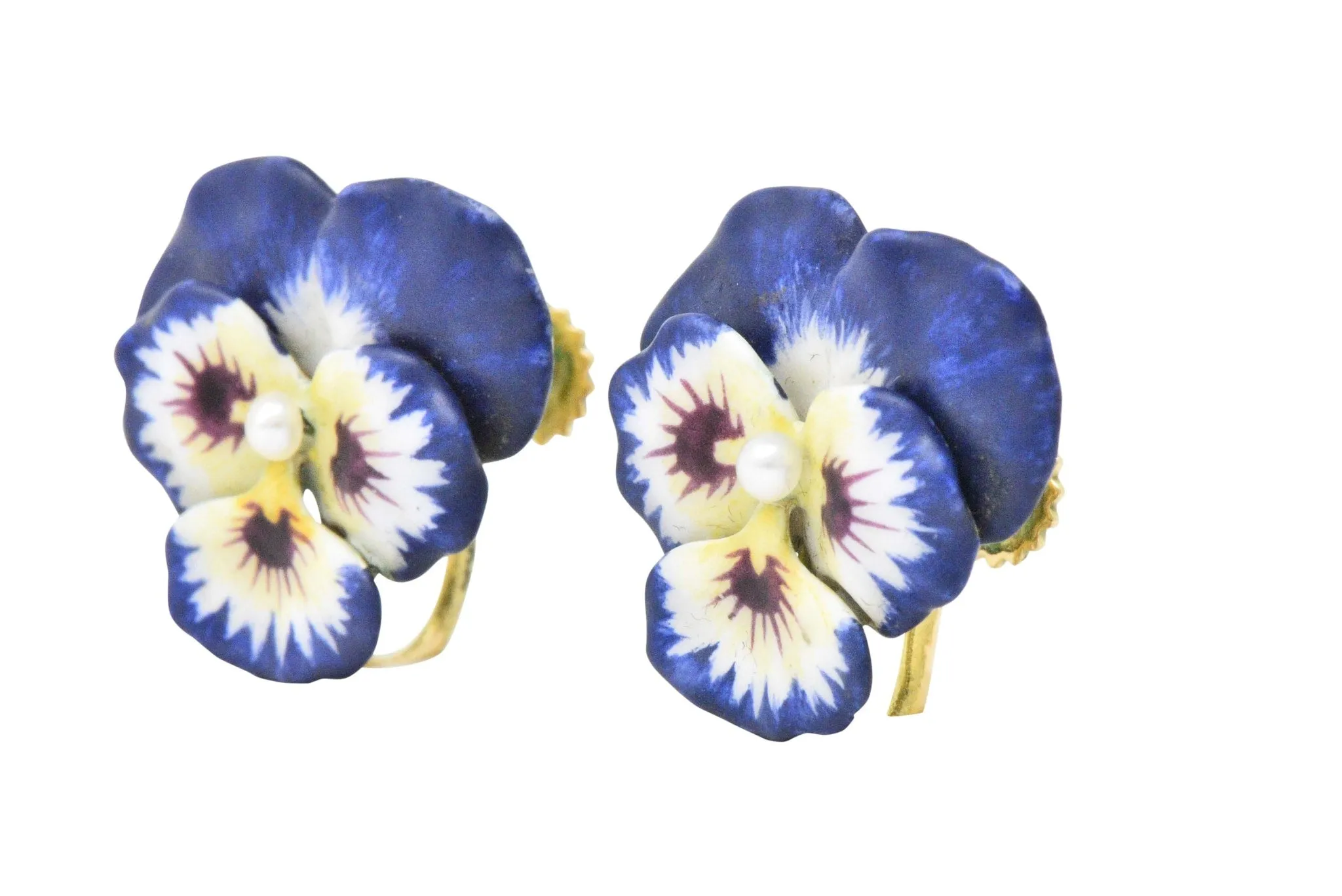 Krementz Enamel Seed Pearl And 14 Karat Gold Pansy Earrings