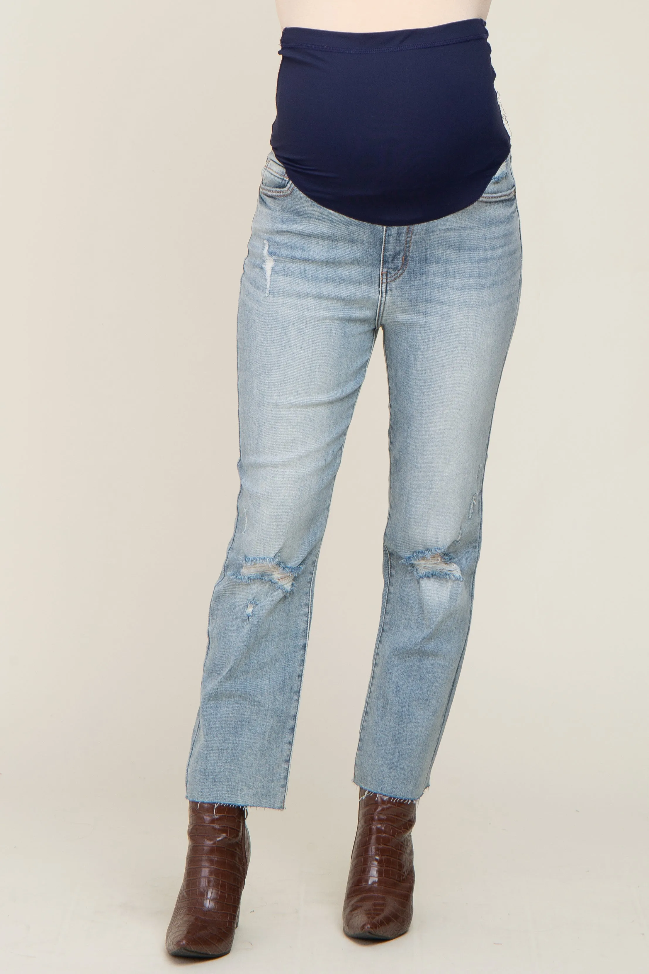 Light Blue Distressed Knee Straight Maternity Jeans