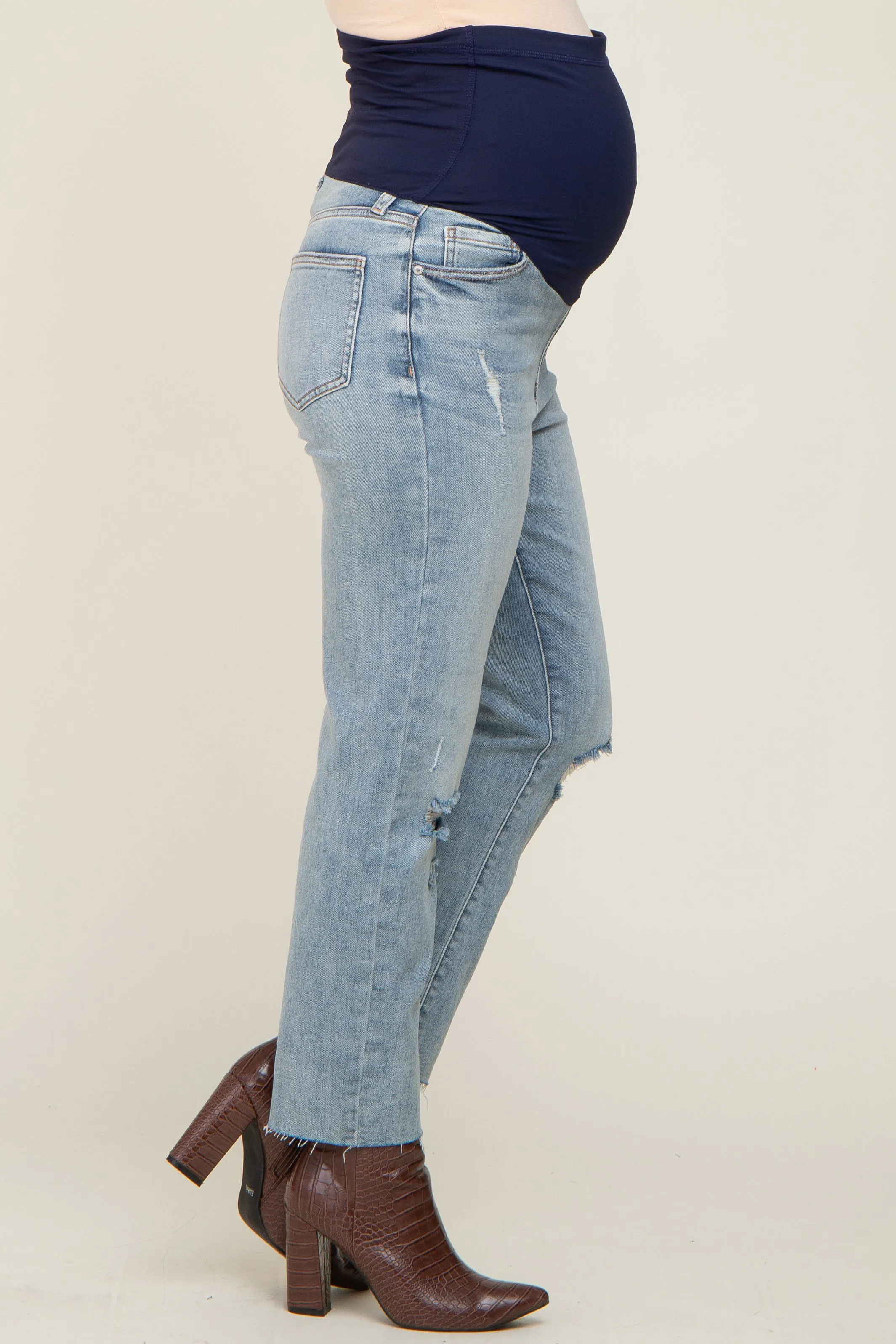 Light Blue Distressed Knee Straight Maternity Jeans