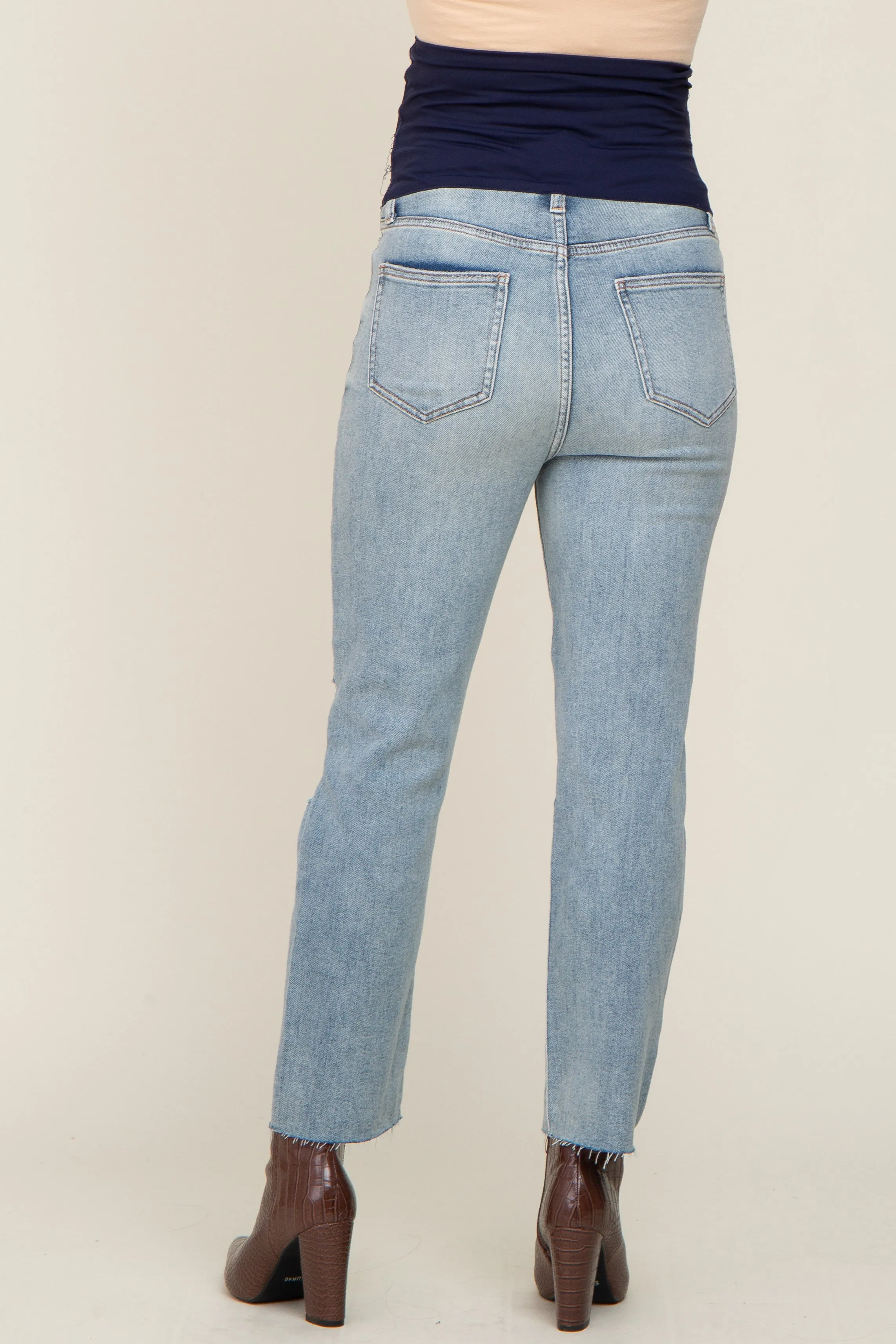 Light Blue Distressed Knee Straight Maternity Jeans