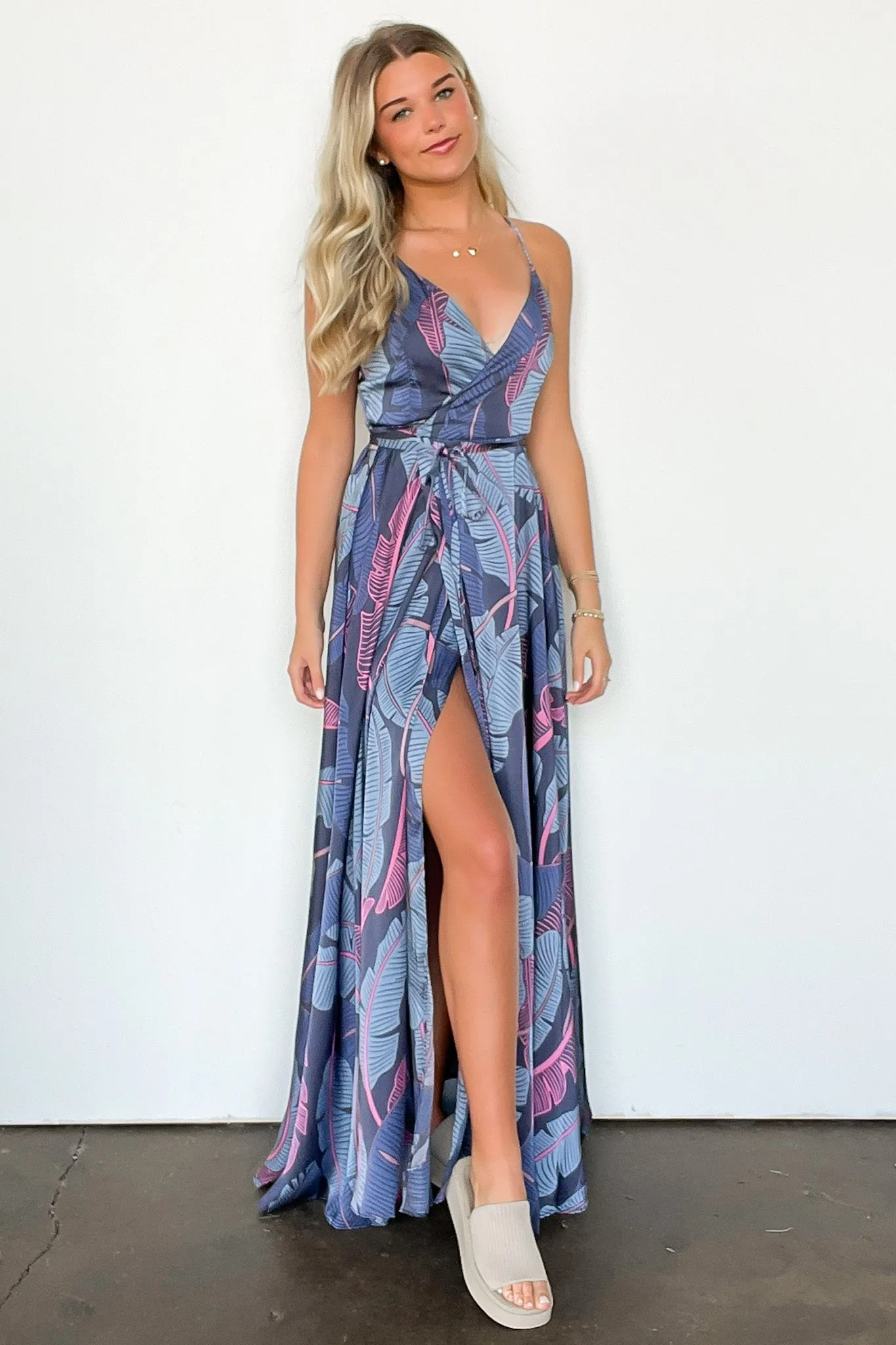 Lovely Mindset Leaf Print Wrap Maxi Dress