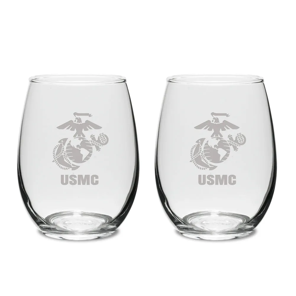 Marines EGA Set of Two 15oz Stemless Wine Glasses