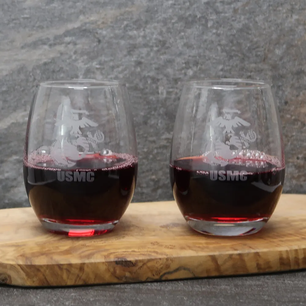 Marines EGA Set of Two 15oz Stemless Wine Glasses