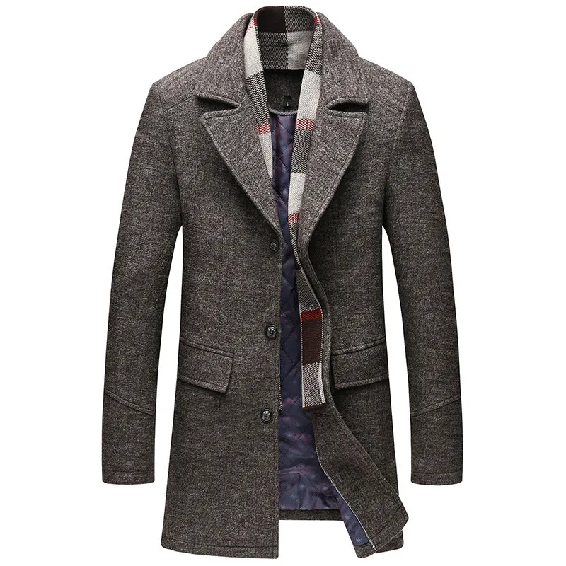 Men Casual Woolen Coat With Scarf