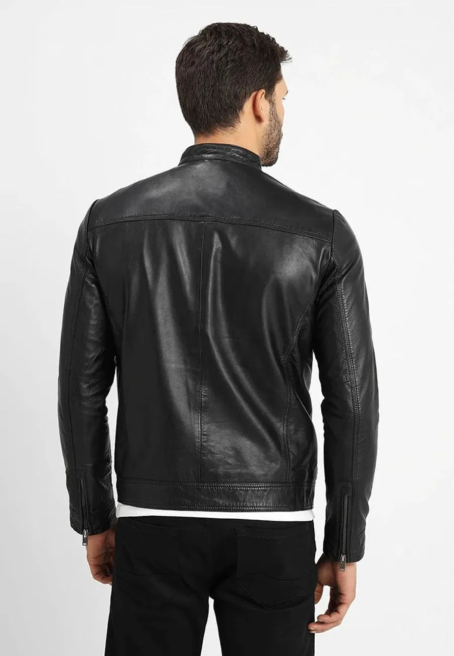 Men's Black Leather Crew Neck Jacket