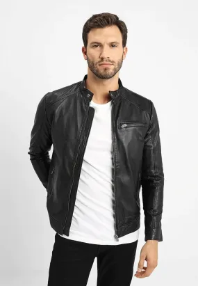 Men's Black Leather Crew Neck Jacket