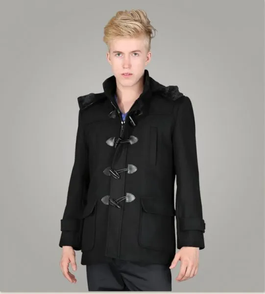 Men's duffle coat with vintage buttons and fur lined hood