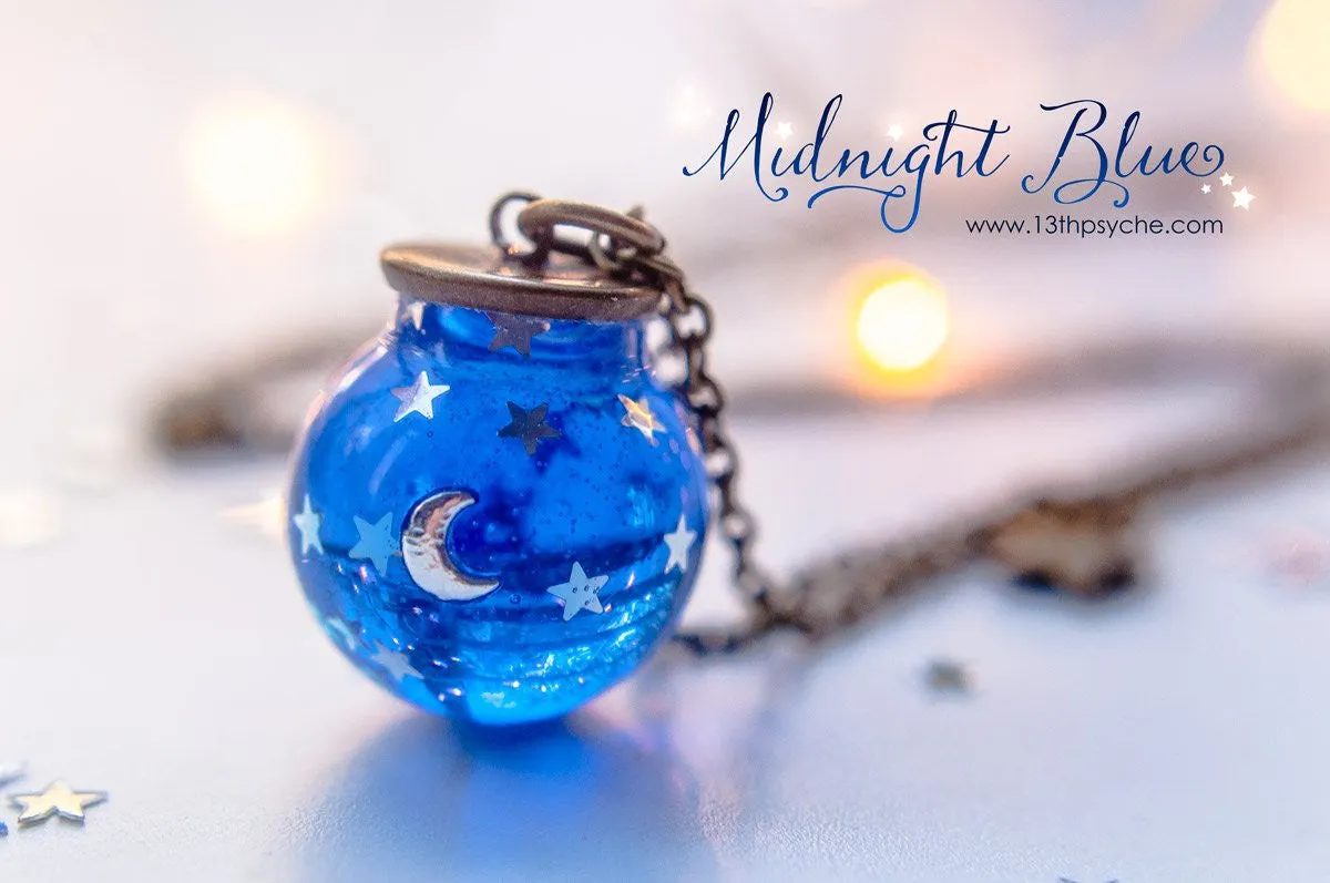 Moon and stars blue sphere necklace