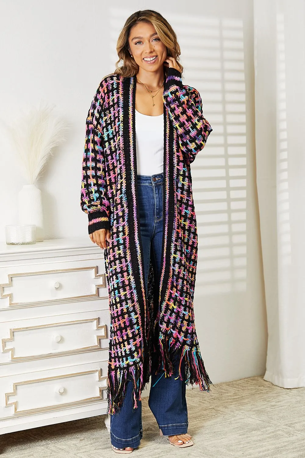 Multicolored Fringe Hem Cardigan