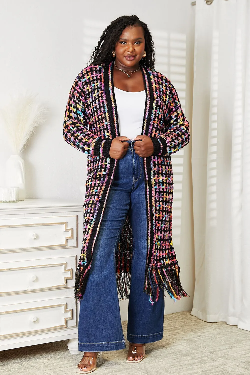 Multicolored Fringe Hem Cardigan