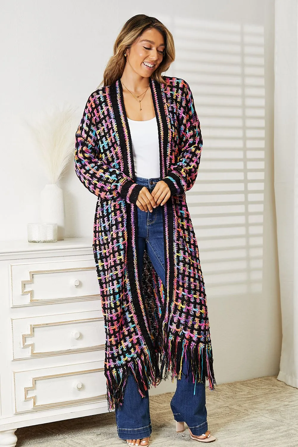 Multicolored Fringe Hem Cardigan