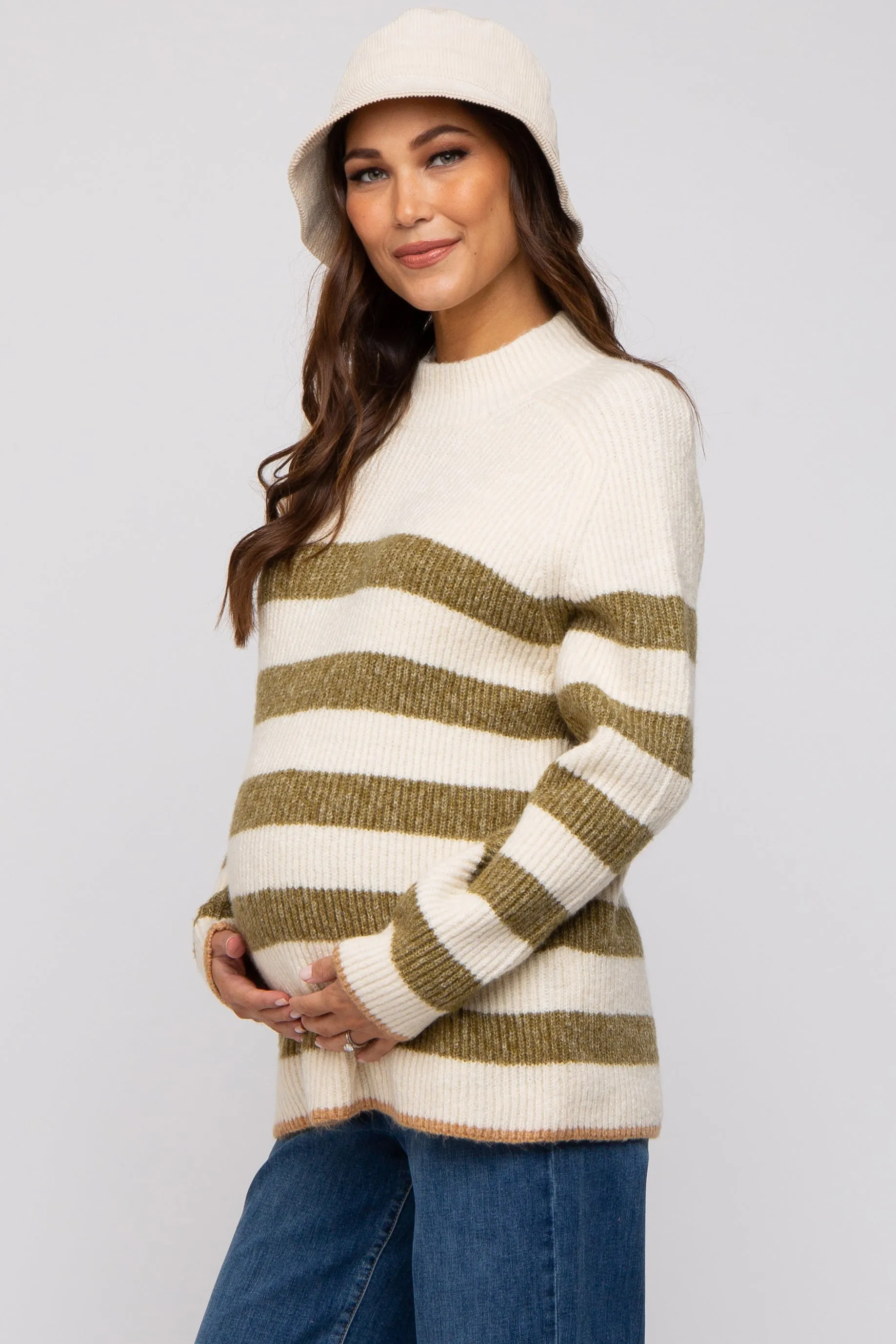 Olive Striped Color Block Mock Neck Maternity Sweater