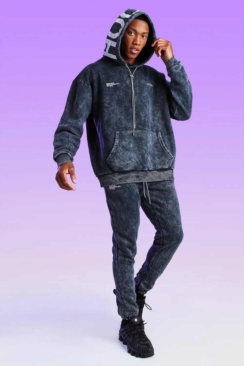 Oversized Acid Wash Official Hood Print Hoodie