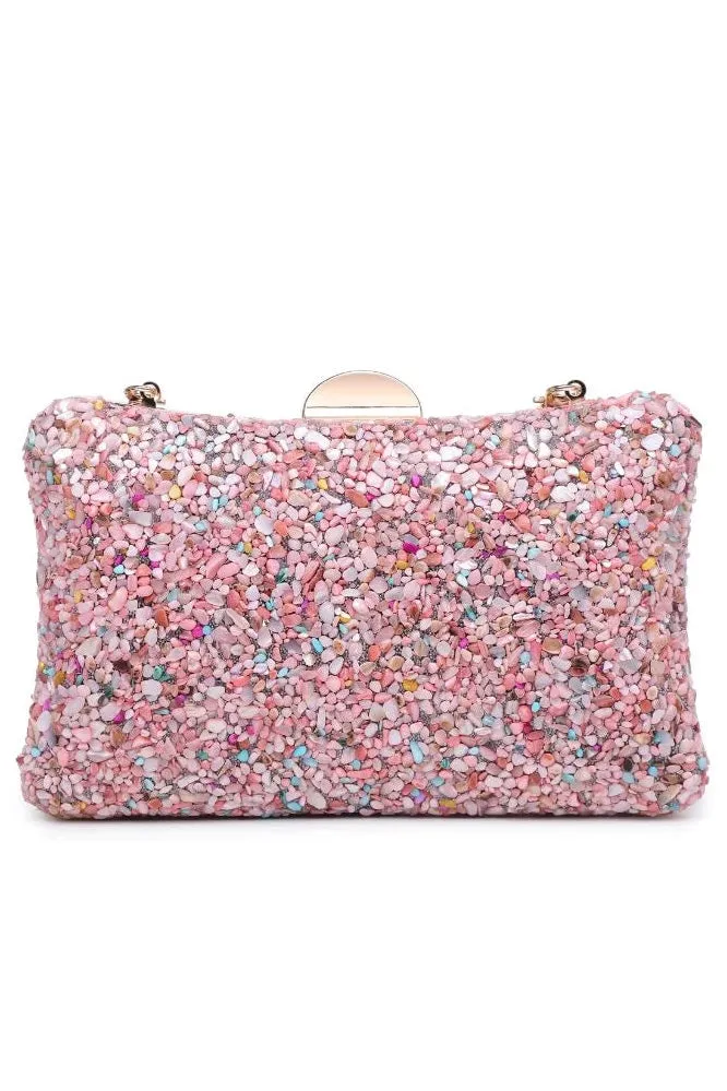 Peta Colorful Acrylic Stones Clutch Bag - Pink