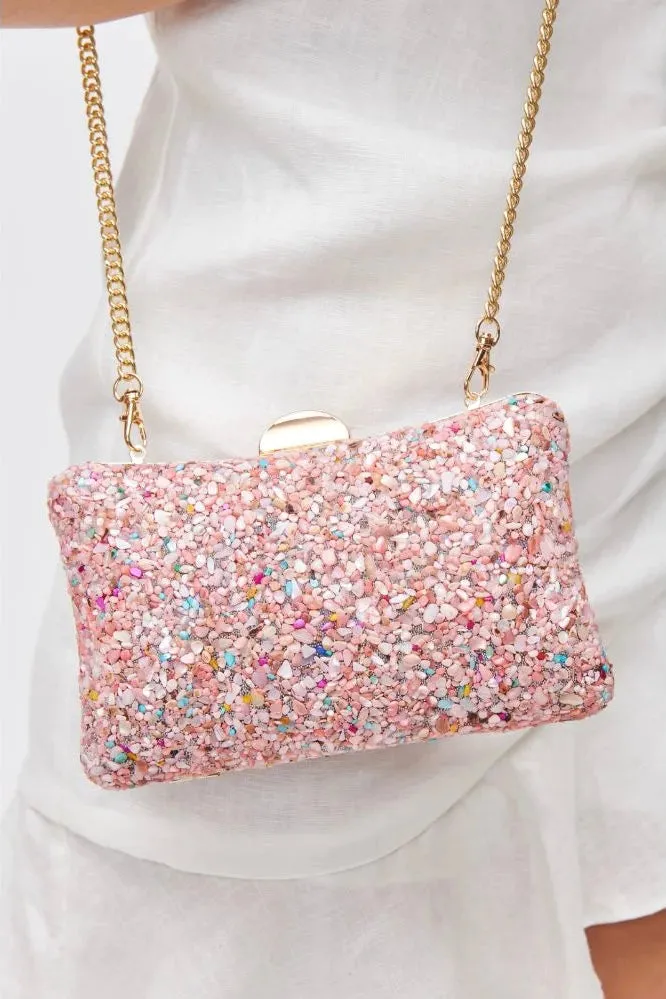 Peta Colorful Acrylic Stones Clutch Bag - Pink