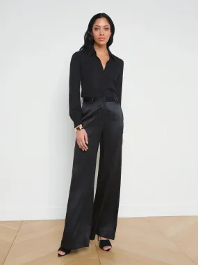 Pilar Silk Wide Leg Pant - Black