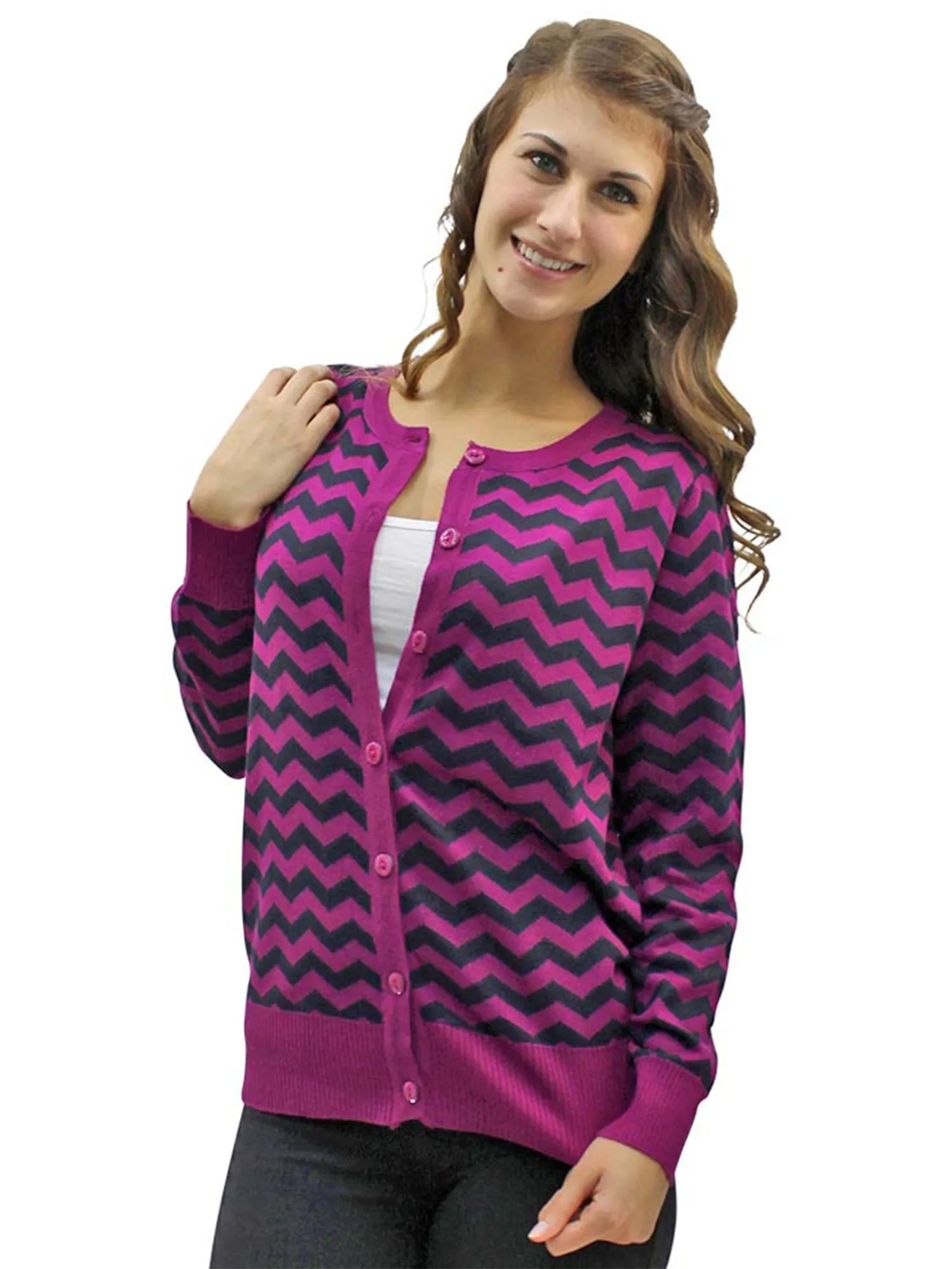 Purple & Black Chevron Pattern Button Down Cardigan Sweater Size Small