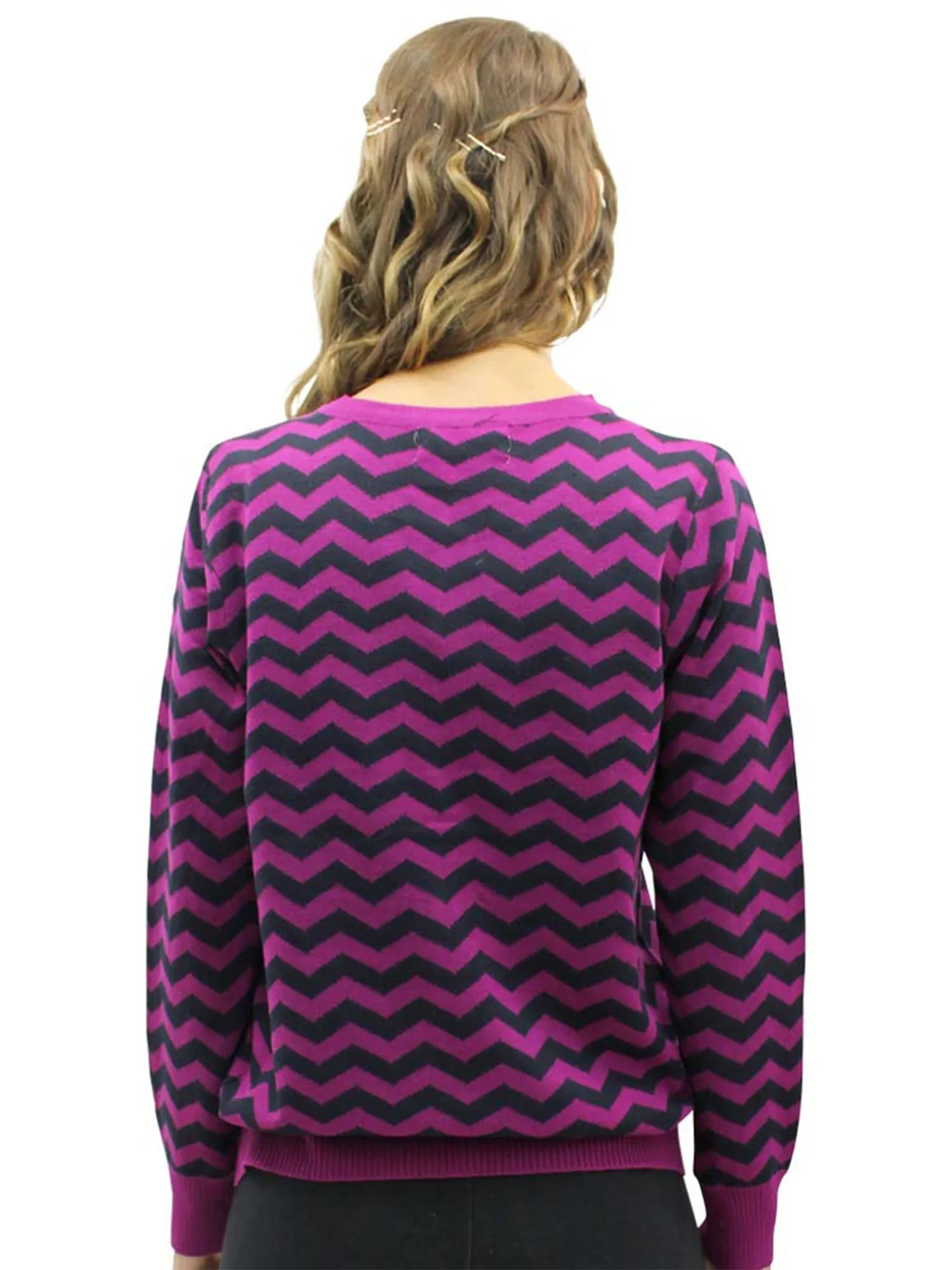 Purple & Black Chevron Pattern Button Down Cardigan Sweater Size Small